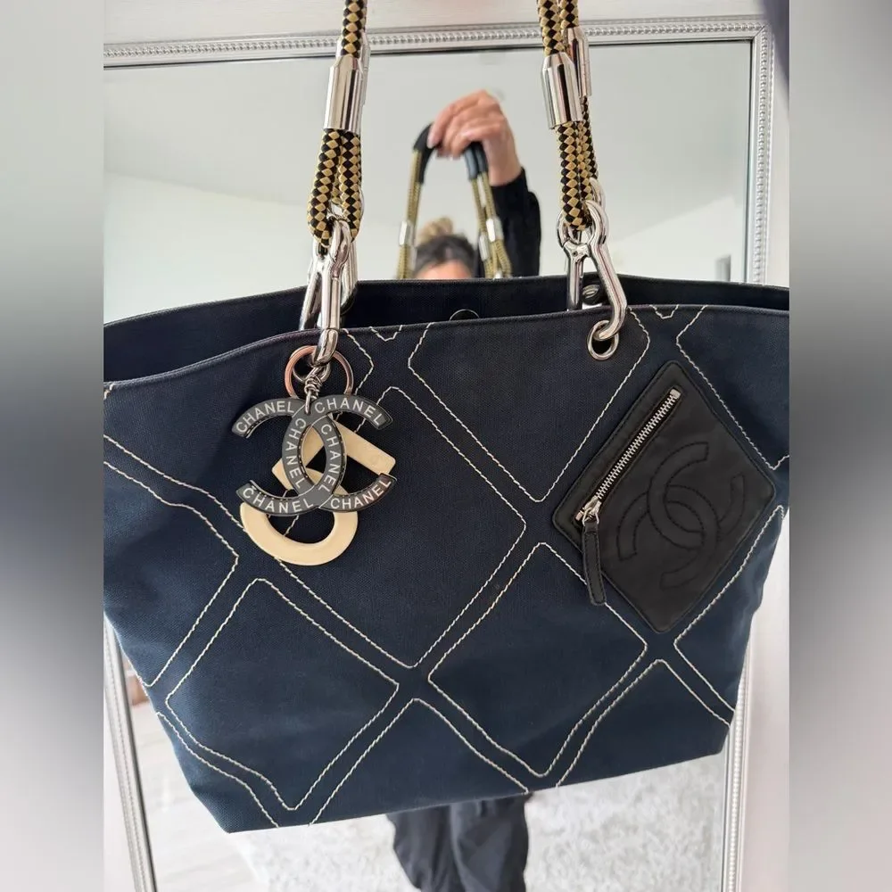 CHANEL Navy Quilted Canvas Shoulder Tote with Gold Chain Handles